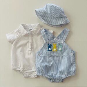 Baby Starters 6 Months Boy Easter Bunny Tail Blue Hat Romper Set Spring Outfit